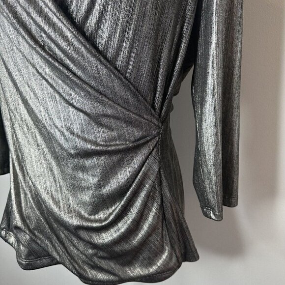 Chetta B Metallic Gold Black Stretch Long Sleeve Front Faux Wrap Top Blouse 12 - Picture 3 of 11